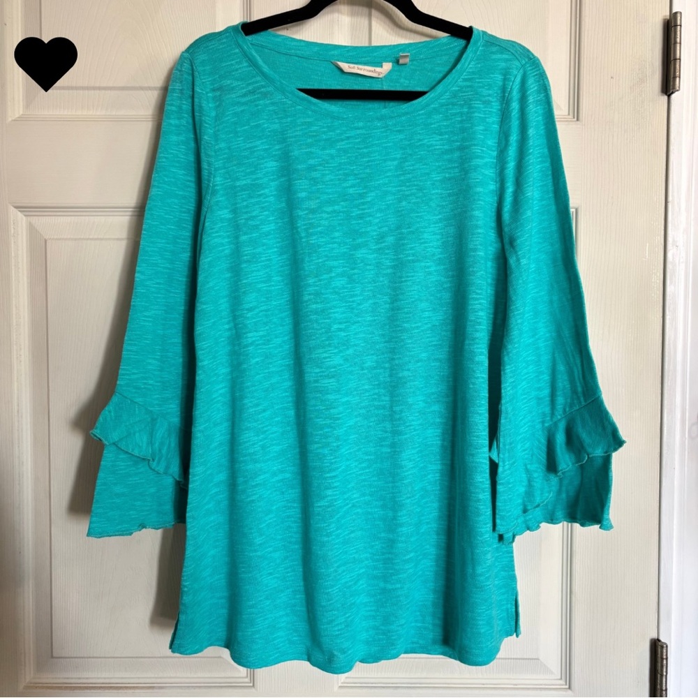 Soft Surroundings Erin Linen Blend Tunic Porcelain Blue Flare Sleeve Tunic